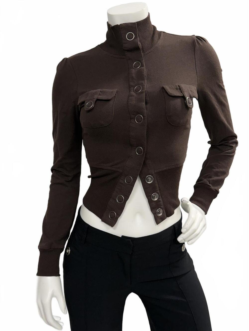Love Always Brown Military Crop Jacket Cardigan Size S Snap Front Y2K Goth